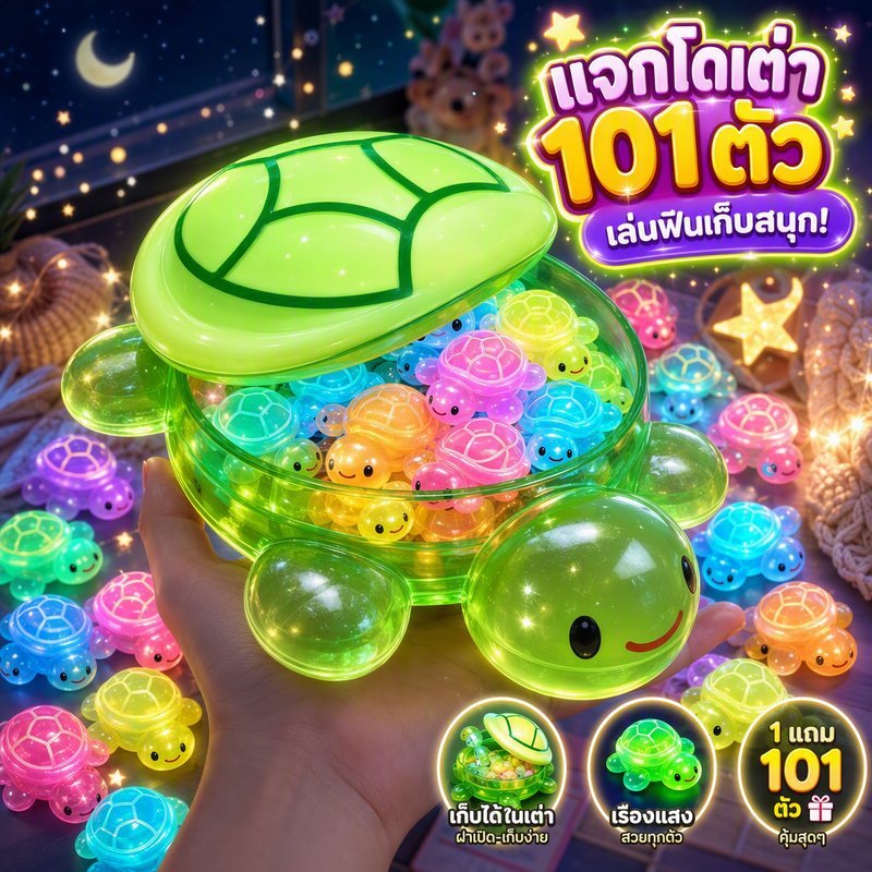 ของเล่นเต่าเรืองแสง กล่องเซอร์ไพรส์ ชุด 101 ชิ้น เต่าตัวใหญ่พร้อมเต่ามินิ 100 ตัว ล้างน้ำได้