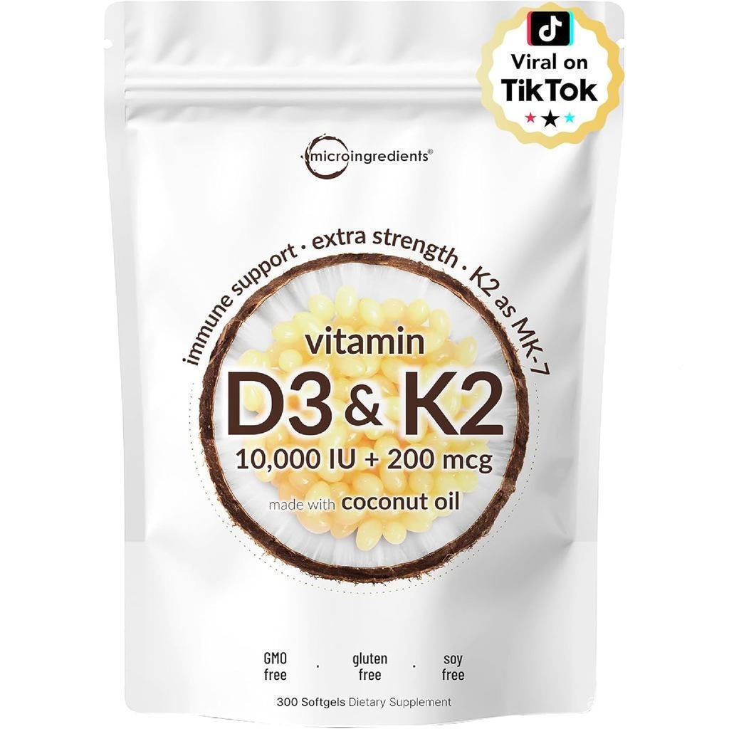 ไมโครส่วนผสมวิตามิน D3 10,000 IU + K2 MK-7 200 mcg, 300 ซอฟท์เจล | น้ํามันมะพร้าวบริสุทธิ์ | 2-in-1 
