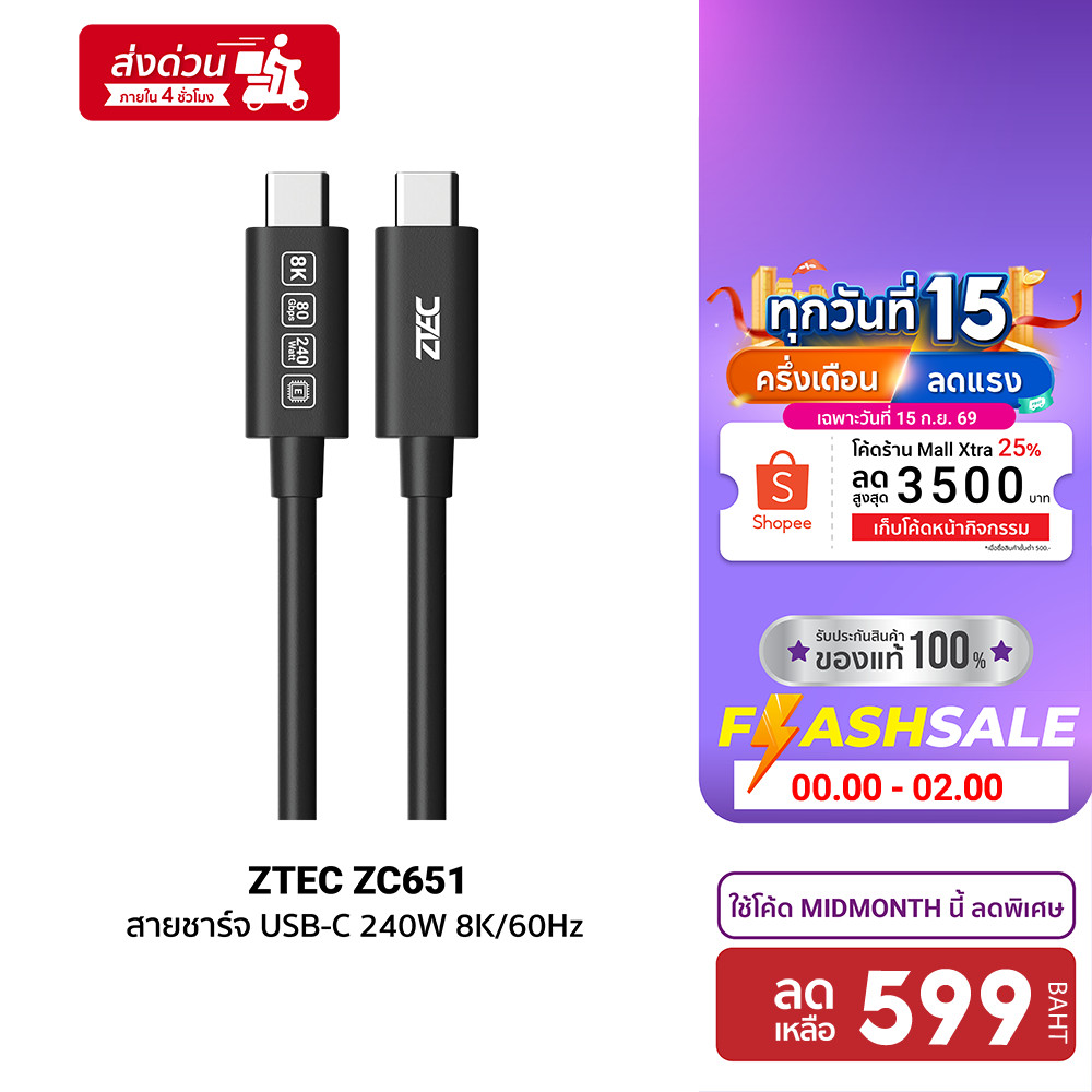 ZTEC Thunder 5 Cable ZC651 สายชาร์จ ส่งข้อมูล 80Gbps USB4 240W 8K/60Hz -24M