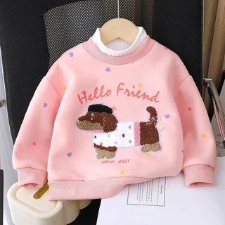 MooDeng Baby เสื้อกันหนาวเด็กหญิง ไซต์ 80-150 เซน ลายหมา สีเหลืองและชมพู ดีไซน์น่ารัก ให้ความอบอุ่นในวันหนาว