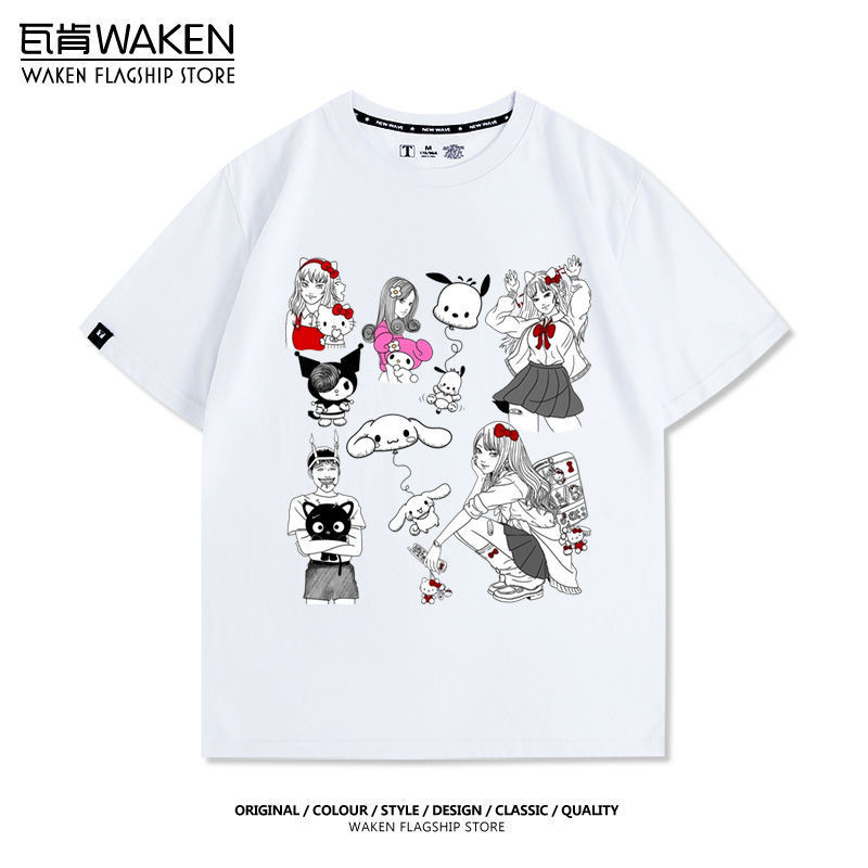 เสื้อยืดแขนสั้นพิมพ์ลาย Junji Ito x Sanrio Tomie สำหรับทั้งผู้ชายและผู้หญิง วัสดุผ้าฝ้ายแท้ เหมาะสำห