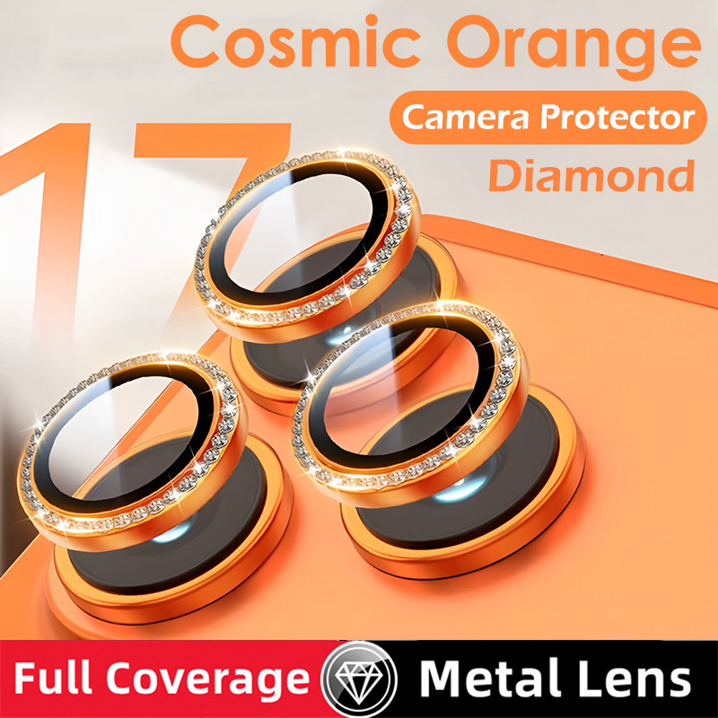 ติดตั้งง่าย Cosmic Orange Diamond Glitter กล้องเลนส์ป้องกันสําหรับ iPhone 17 13 14 15 16 Pro Max Plus Air ง่ายต่อการลบ AR AF กล้องกระจกนิรภัย Anti Scratch แหวนโลหะฟิล์ม