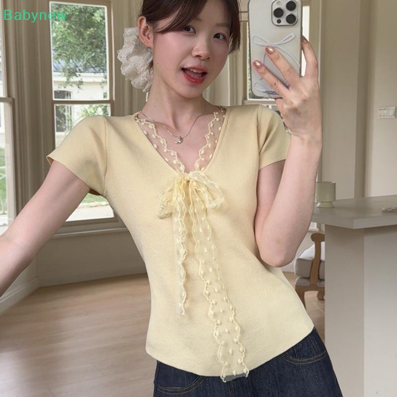<Babynew>ลูกไม้Spliced Ropa De Mujerผ้าพันแผลโบว์เสื้อผ้าผู้หญิงถักเสื้อผ้าแขนสั้นVคอTเสื้อขาย