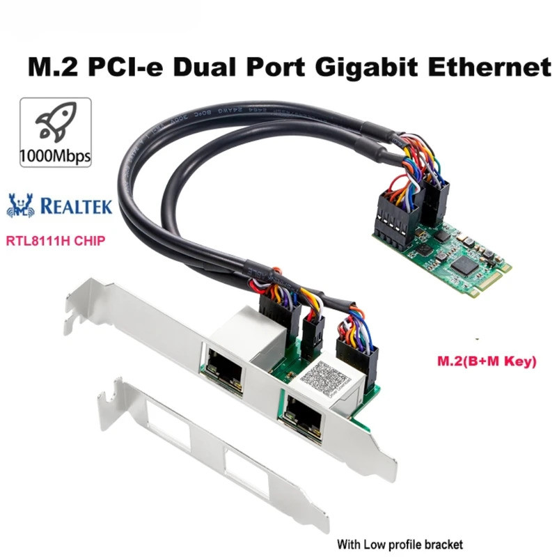 M.2 Dual Port Gigabit Ethernet Card M key B key PCIe 2 พอร์ต 1000Mbps 1G Nic Network Realtek 8111H ช