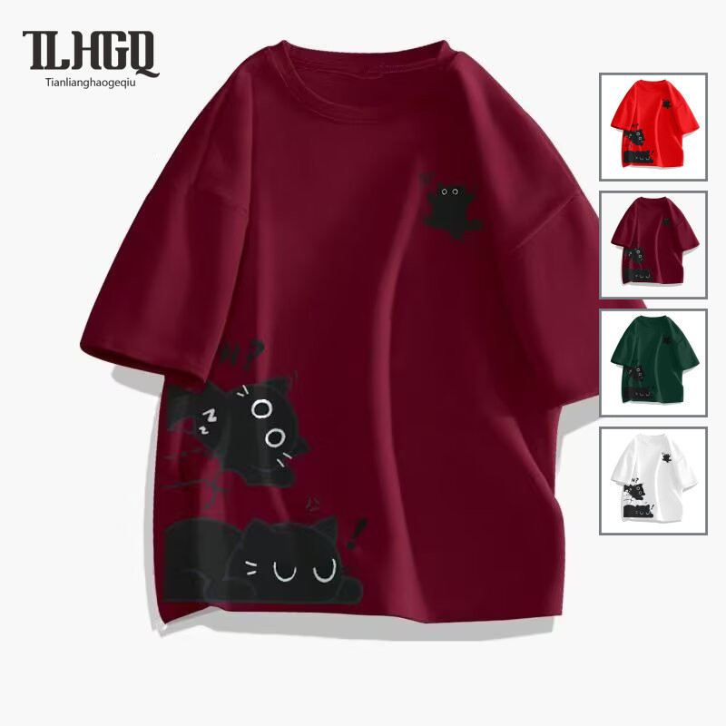 TLHGQ เสื้อยืดกราฟิกแมวดำมีสไตล์ แขนสั้นใส่สบายสำหรับเยาวชน