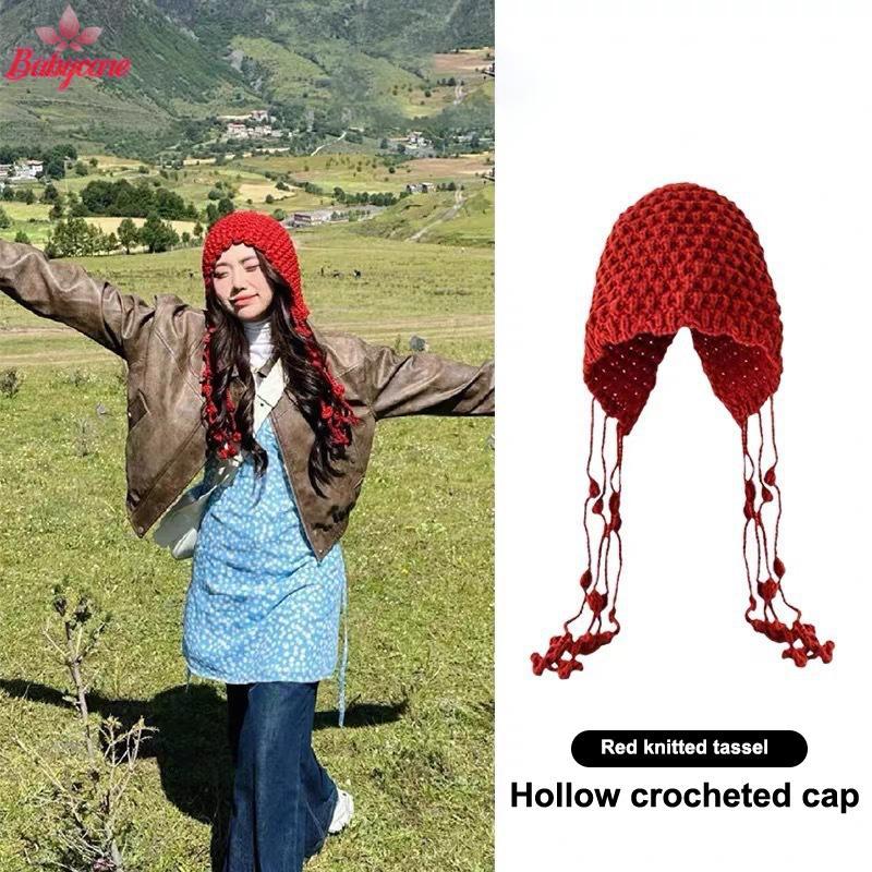 หมวกถักทอมือขนสัตว์อบอุ่น สไตล์ชาติพันธุ์ fringed สำหรับฤดูใบไม้ร่วงและฤดูหนาว ป้องกันลม