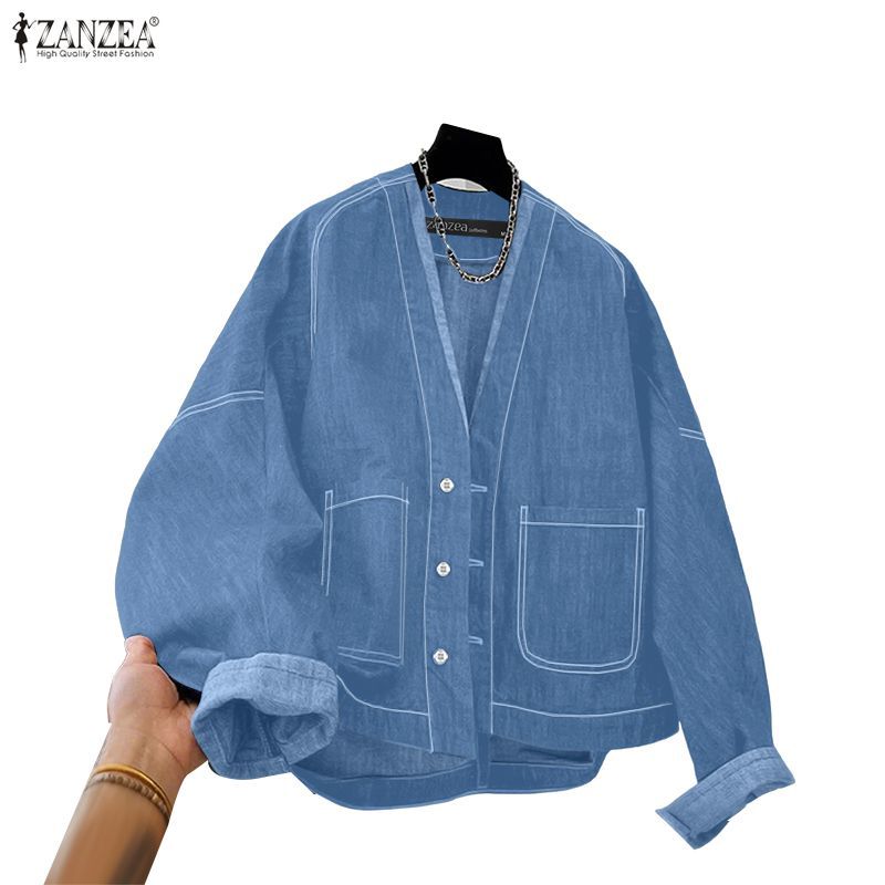 ZANZEA ใส่ ซานเซีย ผู้หญิงเกาหลีวินเทจ สตรีทแวร์ โวลต์ คอยาวแขนยาวคมชัดสายปุ่มขึ้นแจ็คเก็ต