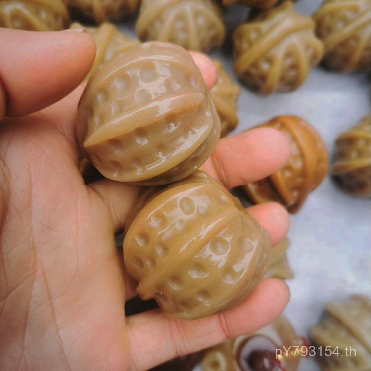 Wenwan Walnut Handle Piece แกะสลักหยกผ้าไหมสีทอง Xinjiang Gobi Jade Walnut Handmade Y8PB