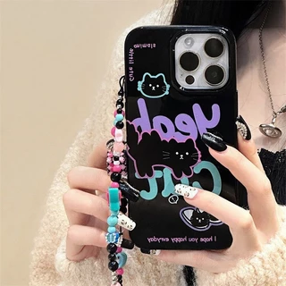 เคสโทรศัพท์มือถือนิ่ม ลายแมวดํา พร้อมสายคล้อง สําหรับ iPhone 15 14 13 12 11 Pro Max X Xr Xs Max 7 8 Plus SE2020