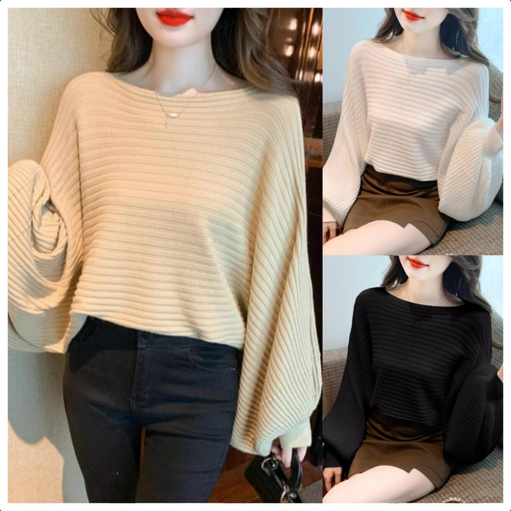 Chili Koko เสื้อสเวตเตอร์ถักไหล่เดียวสำหรับผู้หญิง สไตล์สั้นฤดูใบไม้ร่วงใหม่ แขนทรงปีกค้างคาวหลวม 88022