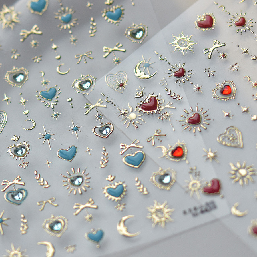 สติ๊กเกอร์ติดเล็บ ตกแต่งเล็บ 3D คริสตัลเพชร Gilding Heart Bows Moon Blue สีแดงสีชมพู Sweet Shinning Nibirudu