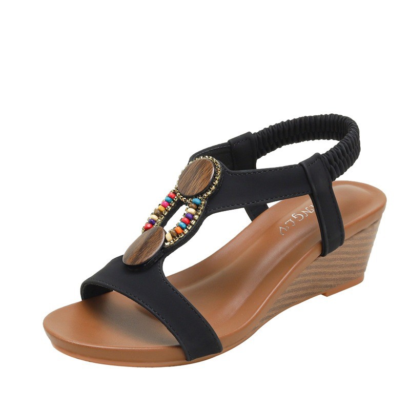รองเท้า wedge สไตล์โบฮีเมียนแบบโรมันสำหรับผู้หญิง สวมใส่ง่ายในหน้าร้อน เหมาะกับการสวมใส่บนชายหาดและเดินทางกลางแจ้ง