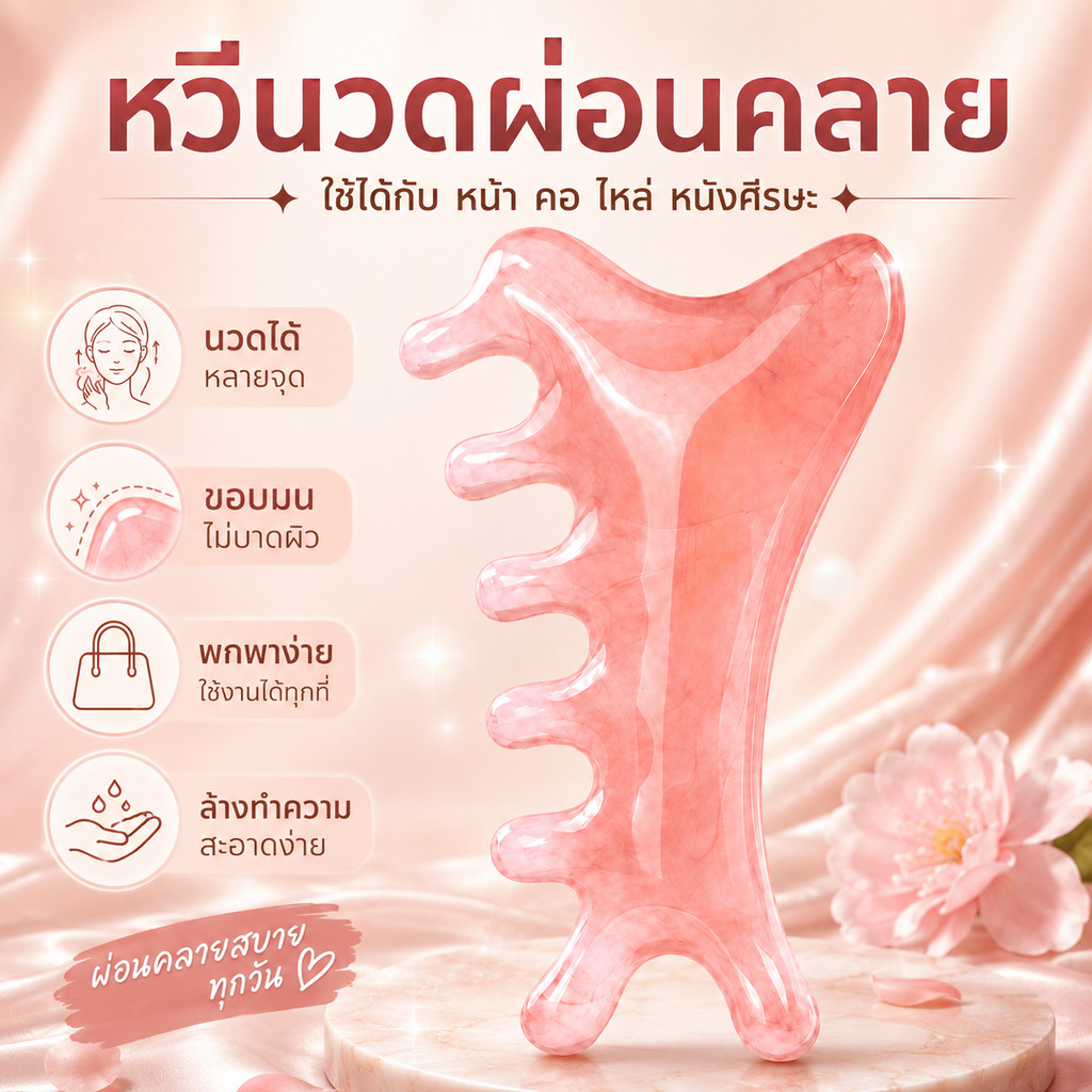 หวีนวดหน้าเรซิ่น 4 ใน 1 ดีไซน์สวยงาม ใช้ขูดผิว นวดใบหน้า ยกกระชับ ผ่อนคลายผิวและขนบนใบหน้า