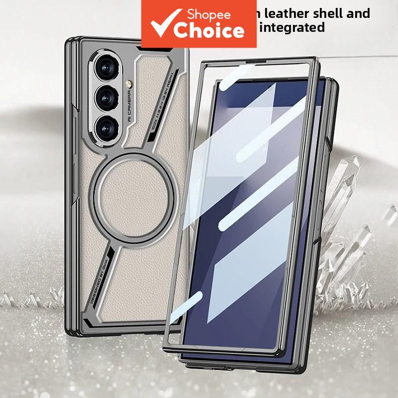 เคสโทรศัพท์แบบแม่เหล็กชาร์จไร้สายสําหรับ Samsung Galaxy Z Fold 7 Zfold 6 ผลิตจากหนังเรียบแข็งบาง