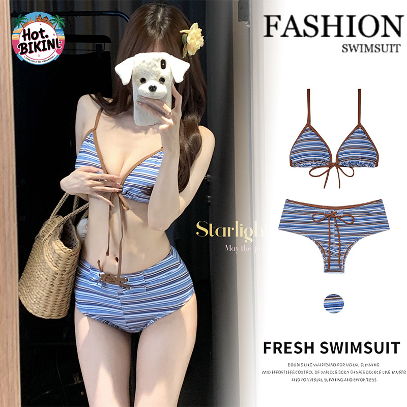 Hot.Bikini บิกินี่ใหม่ ชุดว่ายน้ำผู้หญิง ชุดไปทะเล เว้าหลัง ผูกเชือกหน้า ลายทาง สไตล์เกาหลี ส่งจากไทย