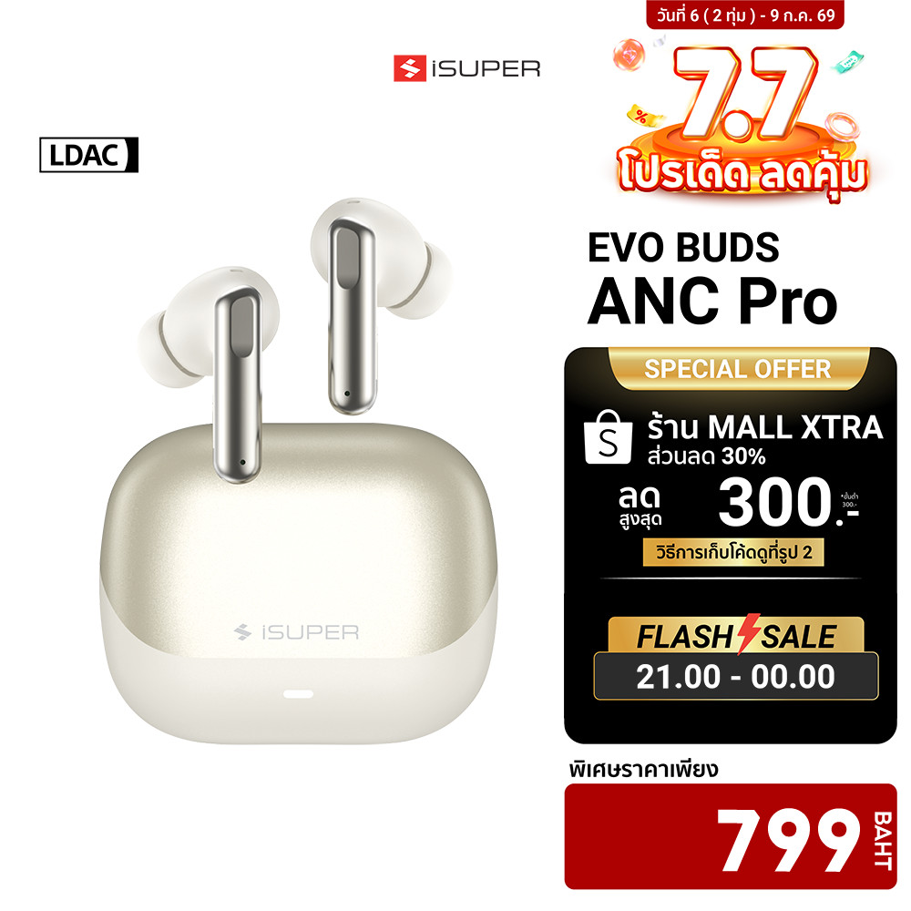 [ลดเหลือ 799] iSUPER Evo Buds ANC Pro หูฟังไร้สาย ตัดเสียงรบกวน Bluetooth 5.4 มี Game Mode แอป iSuper Play -1Y