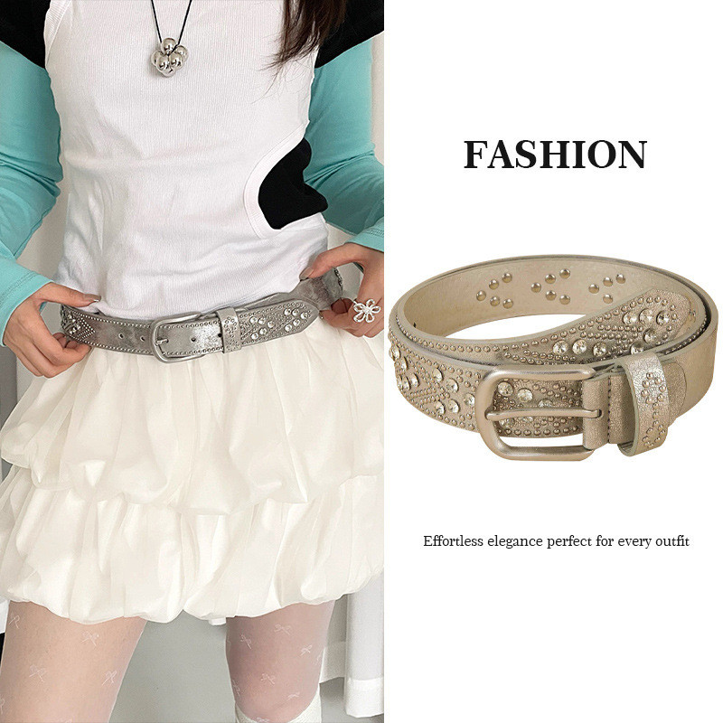 Pin Buckle Belt Ladies Fashion Retro y2k Rivet Rhinestone Belt Punk Jeans Belt 7.5 aldai