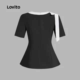 Lovito เสื้อเบลาส์ลูกไม้หรูหราผูกสีบล็อกฤดูใบไม้ผลิ/ฤดูร้อน สีดําขาวสําหรับผู้หญิง LK4LD2719