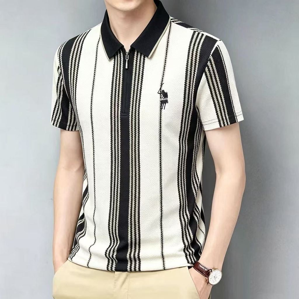 เสื้อโปโลผู้ชาย ลายทาง คอปก มีซิป แขนสั้น ผ้าขับเหงื่อ ระบายอากาศ เย็นสบาย สวมใส่สะดวก