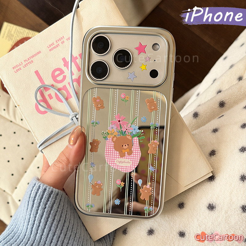 หมีน่ารัก-ดอกไม้ Bling Bling Mirror Hologram Case hp iPhone 16 13 15 17 11 12 14 Pro Plus Max Air Si