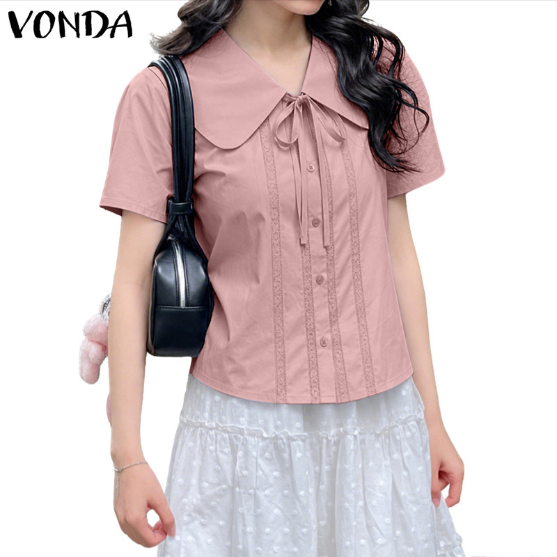 VONDA ผู้หญิงเกาหลี Girly สไตล์ขนาดใหญ่ Lapel Bowtie ลูกไม้แผงทอทอทอปุ่มปกติไหล่ตัดเสื้อสไตล์วิทยาลัย Back-To-School ทุกวันเสื้อแขนสั้น