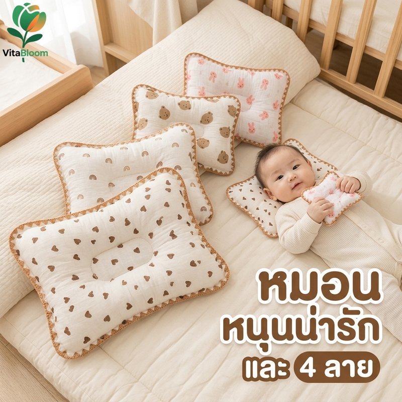 หมอนเด็กทารก หมอนหนุนศีรษะ ผ้าฝ้ายนุ่ม หมอนแบนกันหัวแบน พกพา รถเข็น ลายการ์ตูน
