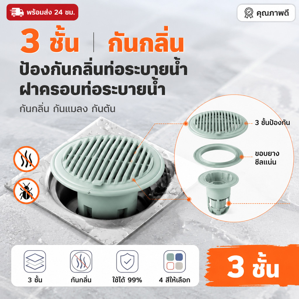 พร้อมส่ง ใน รุ่นอัพเกรด ตะแกรงกันกลิ่น กันกลิ่นท่อระบายน้ำ ป้องกันเศษผม หรือวัตถุแปลกปลอมไหลเข้าสู่ท่อระบายน้ำ