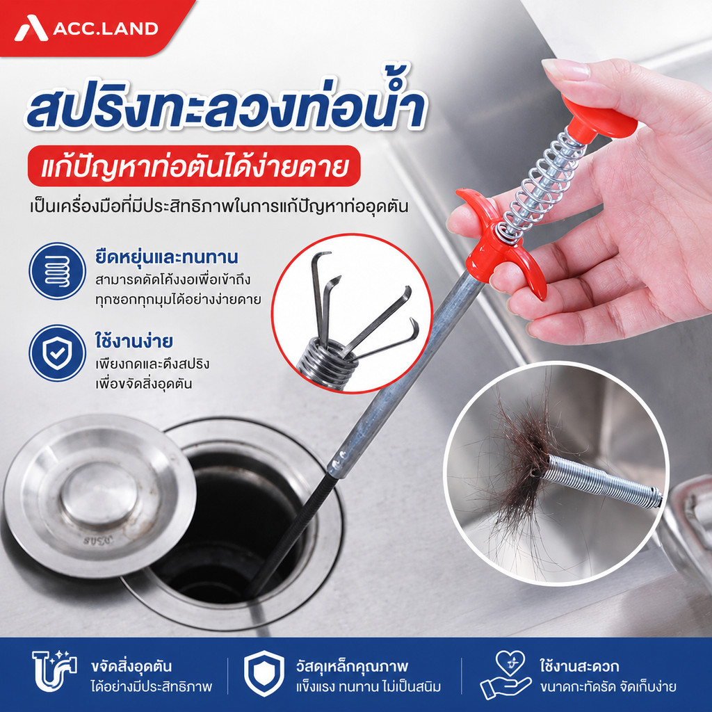 [พร้อมส่ง] สปริงทะลวงท่อน้ำ ล้วงท่อ ท่อระบายน้ำ ห้องน้ำ ห้องครัว ส้วมตัน ใช้งานอเนกประสงค์ ความยาว 1.6เมตร