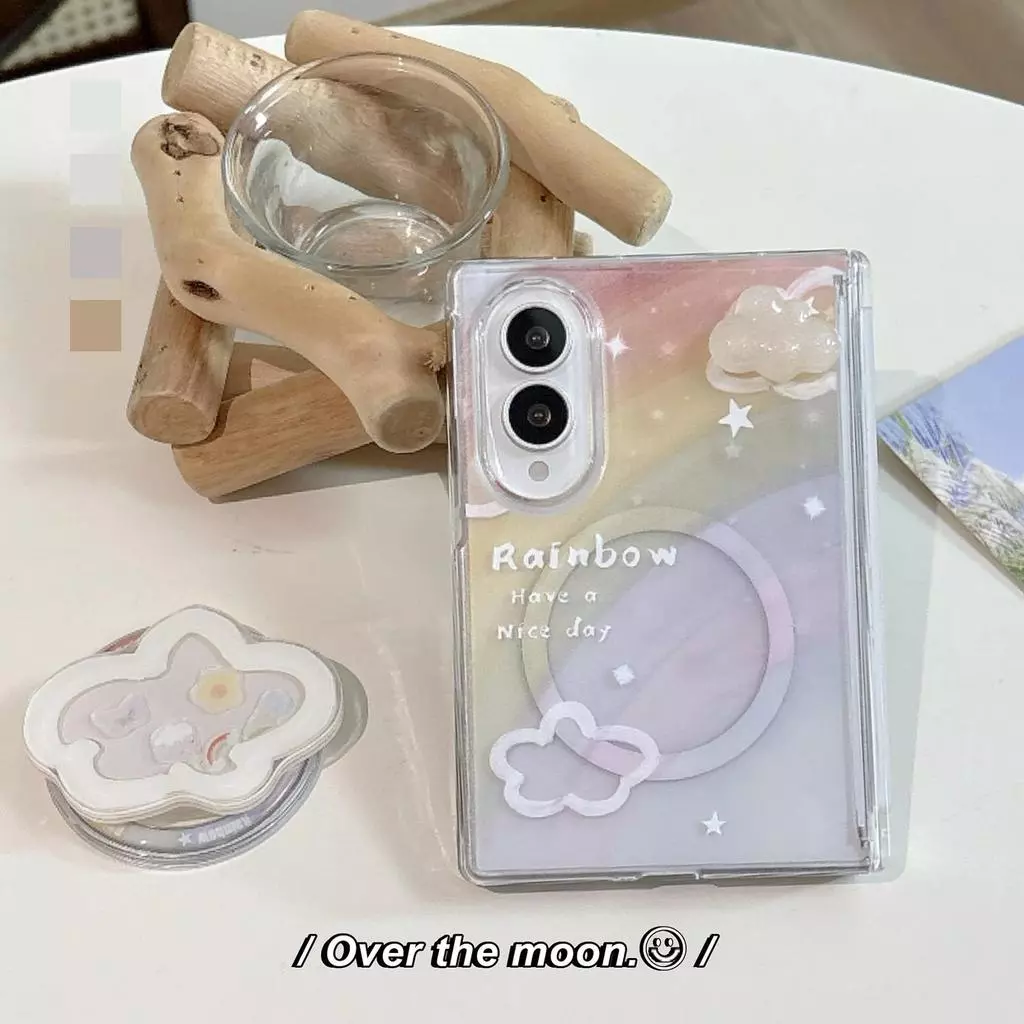 Aesthetic Dual Magnetic Rainbow Pattern 3D Cloud Case with Cloud Bracket for Samsung Galaxy Z Fold 8 Wide Z Fold 8 ฝาหลัง