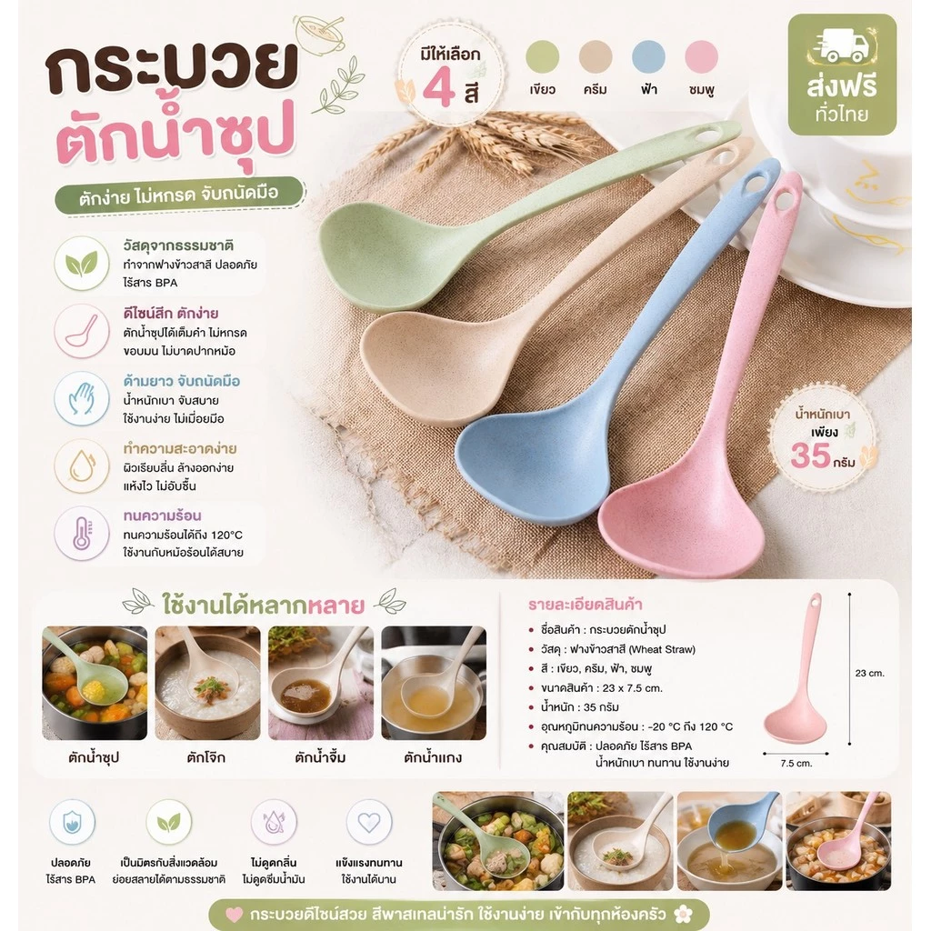 365mall(ร้านไทย)(TSS532）กระบวยทัพพี ช้อนซุป ช้อนตักซุป สําหรับตักซุป Plastic spoon จากวัสดุธรรมชาติ
