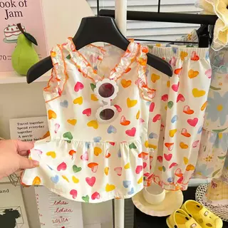 MooDeng Baby ชุดเซตเด็กหญิงน่ารัก แขนกุด กางเกงขายาว ชายระบาย ใส่สบาย ผ้าบาง ผ้านิ่ม ลื่น ระบายอากาศดี สีสดใส