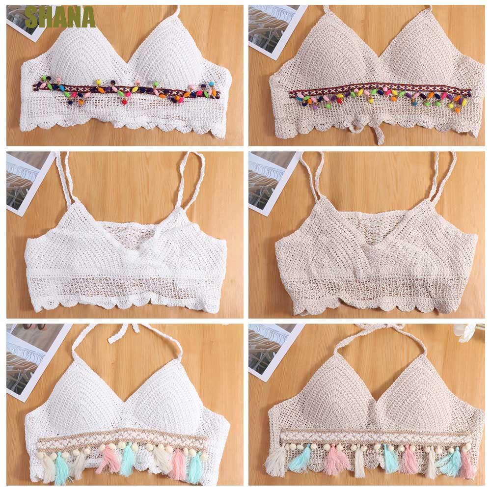 SHANA หญิงโครเชต์ Camisole,แขนกุด Slim Bohemian สไตล์เสื้อกั๊ก,แฟชั่น V คอพู่สั้นถัก Crop Tops หญิง