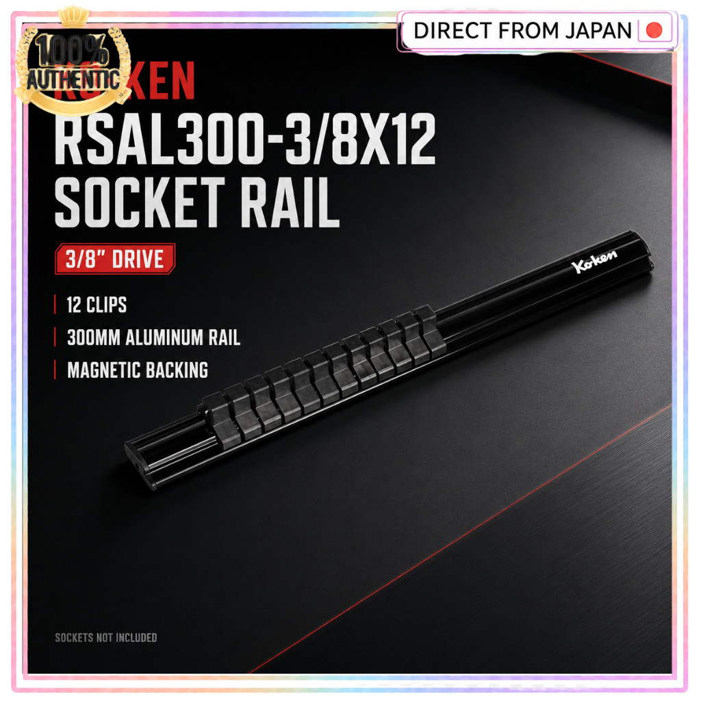 Ko-ken RSAL300-3/8X12 Magnetic Aluminum Socket Rail 3/8 Drive 12 Clips