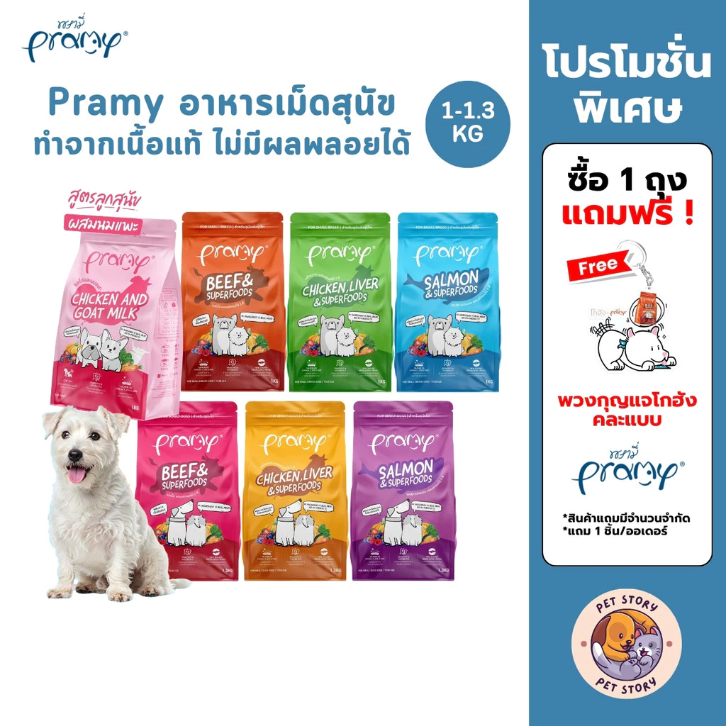 Pramy พรามี่ อาหารเม็ดสุนัข ทำจากเนื้อสัตว์แท้ ไม่มีผลพลอยได้จากสัตว์ปีก ดูแลครบ ขนาด 1 - 1.3 KG
