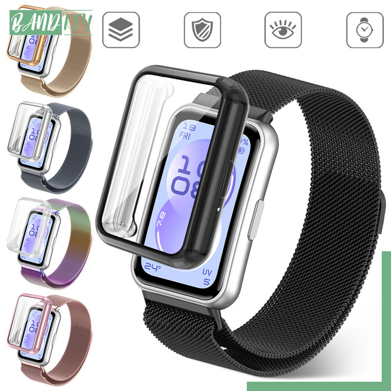 สายนาฬิกา Milanese Loop แบบโลหะ พร้อมเคส TPU สำหรับ for Huawei Band 11 11 Pro/10 9 8 แผ่นป้องกันหน้า