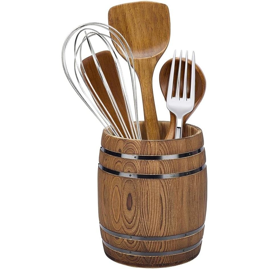 PH PandaHall ไม้ Barrel Utensil Crock, Wine Barrel เครื่องครัว Crock Vintage เครื่องมือสําหรับอุปกรณ