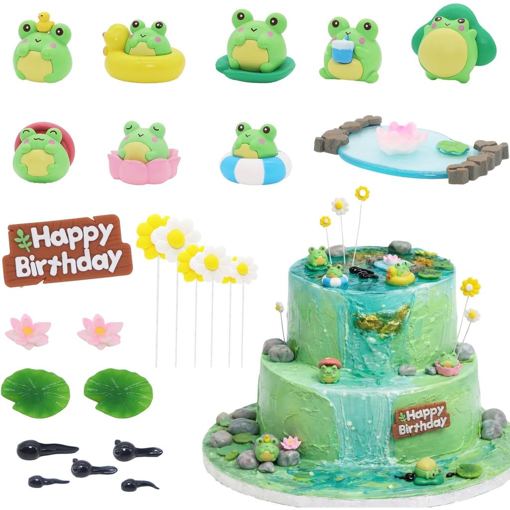BiBo การ์ตูนกบเค้ก Topper ชุดตกแต่ง,รวม Mini Lotus ดอกไม้ Lily Pads Daisy กบ Figurines สําหรับวันเกิ