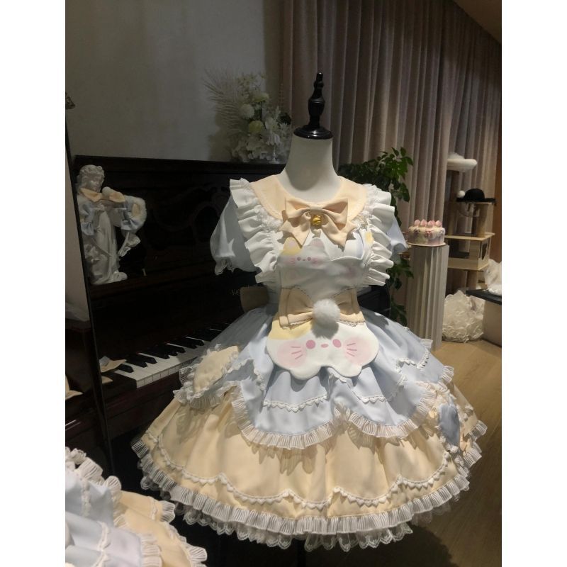 甜美可* 爱软萌Lolita洛丽塔蕾丝蓬蓬连衣裙蝴蝶结小猫围裙两件套女Lolita Girl Cute Design Lolita Dress JSK Strap Dress