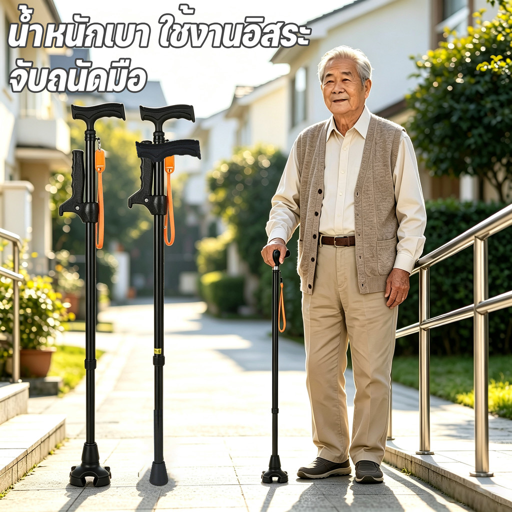 ไม้เท้าสี่ขา ช่วยเดินได้ ขยายหดได้ มีไฟ LED ปรับได้ 10 ระดับ โครงอลูมิเนียม แถมสายรัดข้อมือ เหมาะสำหรับผู้สูงอายุ