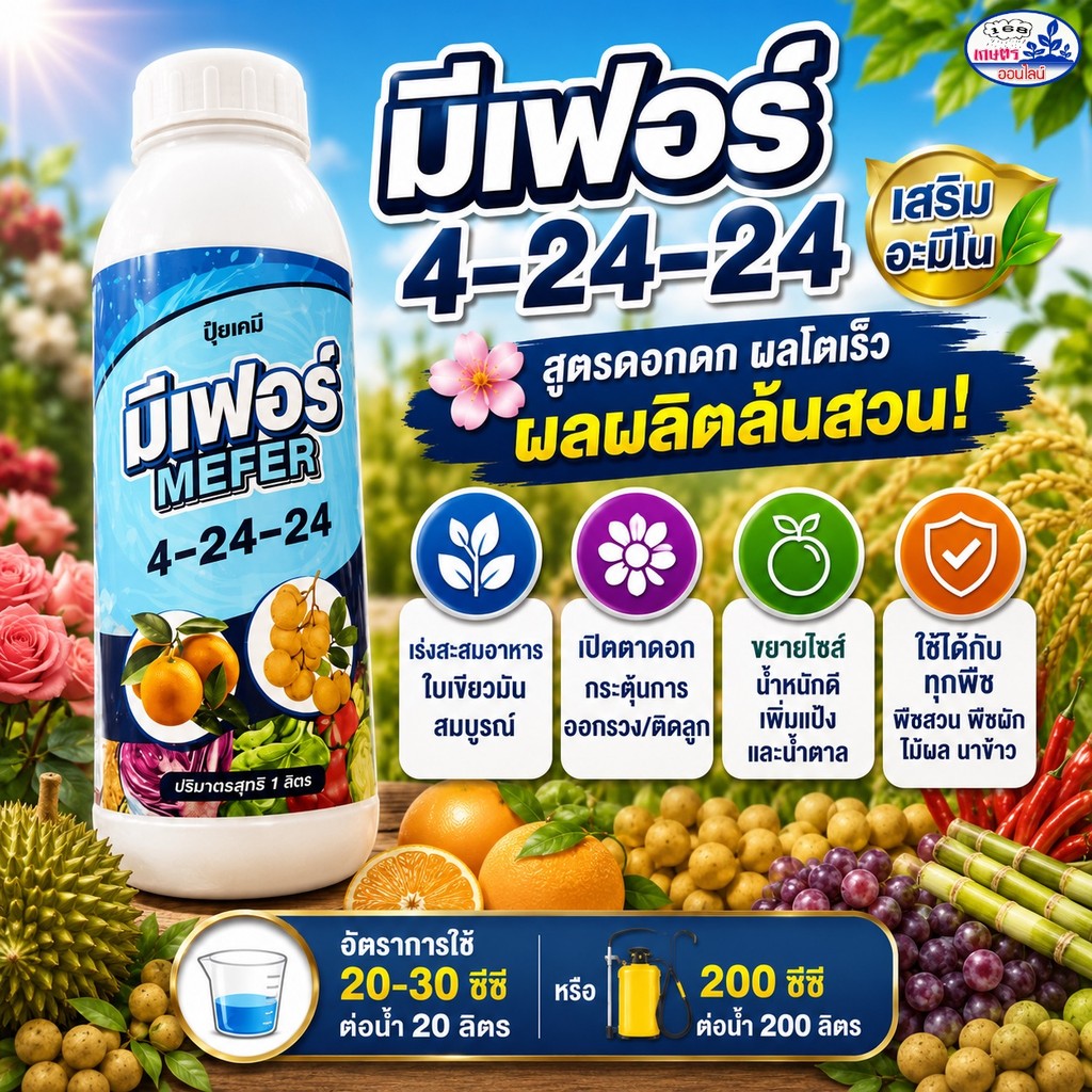 มีเฟอร์ 4-24-24 ปุ๋ยน้ำ 1 ลิตร เร่งดอก เปิดตาดอก บำรุงผล ขยายผล เพิ่มน้ำหนักผลผลิต