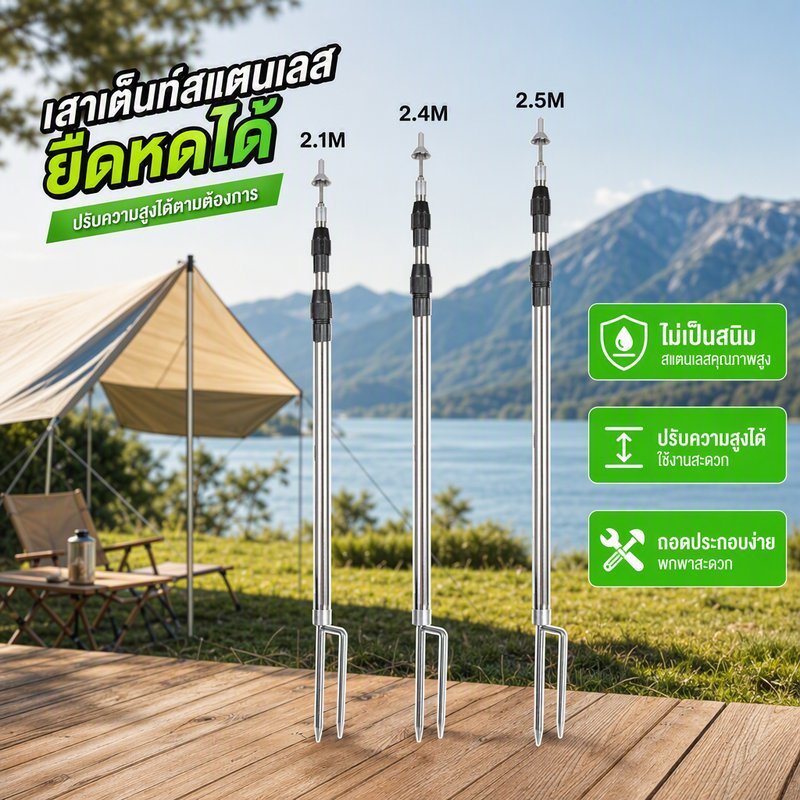 เสาเต็นท์ สแตนเลส ปรับยืดหด ถอดแยกพกพา ค้ำผ้าใบ กันลม กันสนิม สำหรับแคมป์ปิ้ง