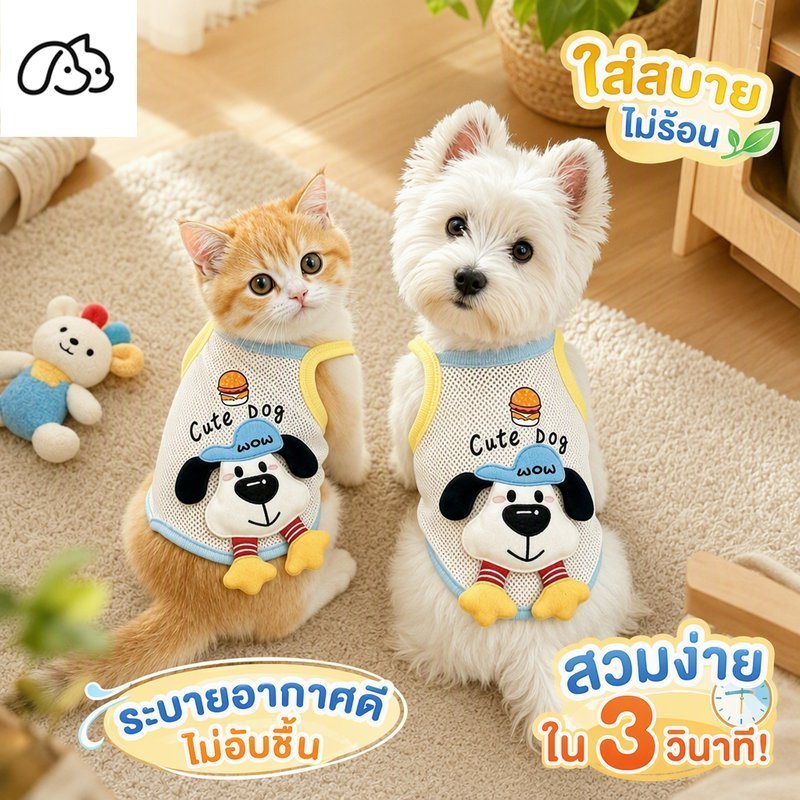 เสื้อกั๊กตาข่ายสัตว์เลี้ยง ระบายอากาศ ลายการ์ตูนหมา ผ้านุ่ม ใส่สบาย สำหรับแมวสุนัขตัวเล็ก