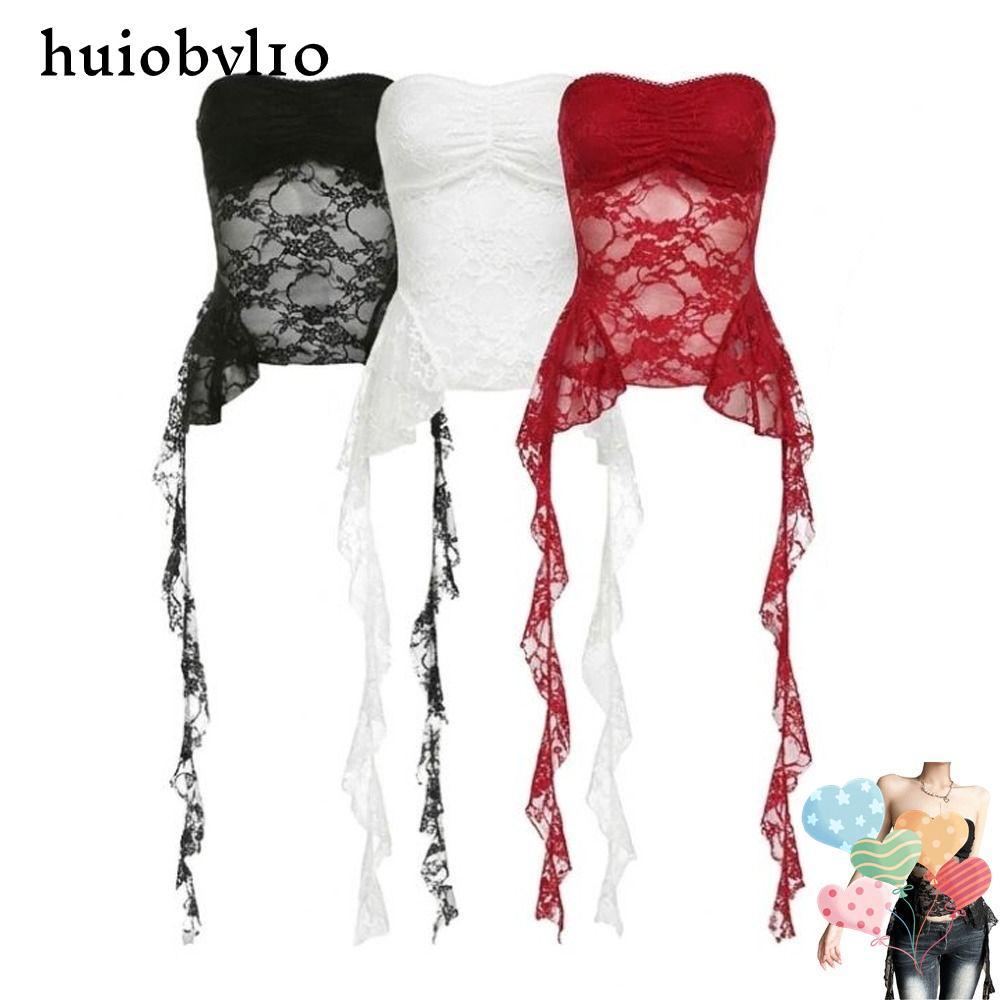 HUIOBVLTH Mesh Top, Strapless Neckline Mesh Panel Lace Crop Top, Stylish Irregular Hem Floral Patter