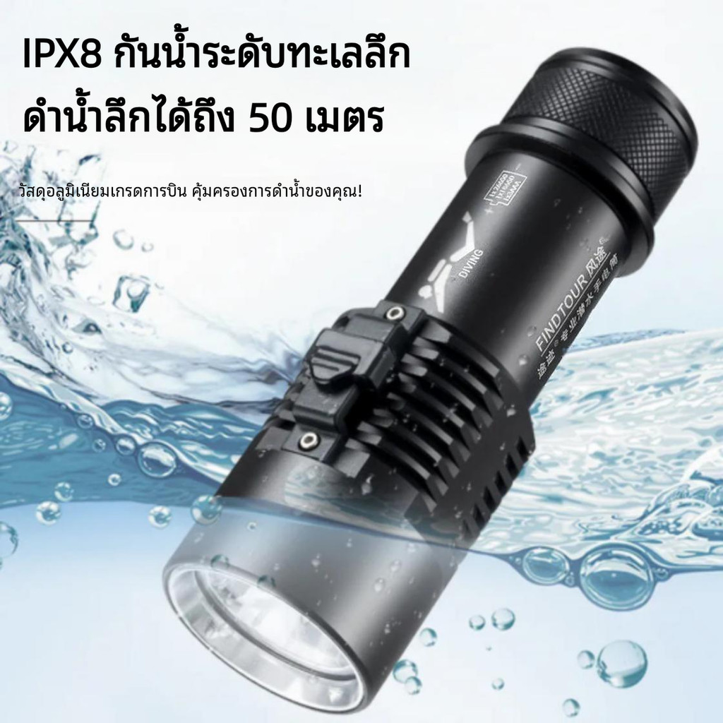 Mini XHP70 ไฟฉายดําน้ํา LED กลางแจ้ง 80m การสํารวจดําน้ําอลูมิเนียมอัลลอยด์ไฟฉายแสงที่แข็งแกร่ง