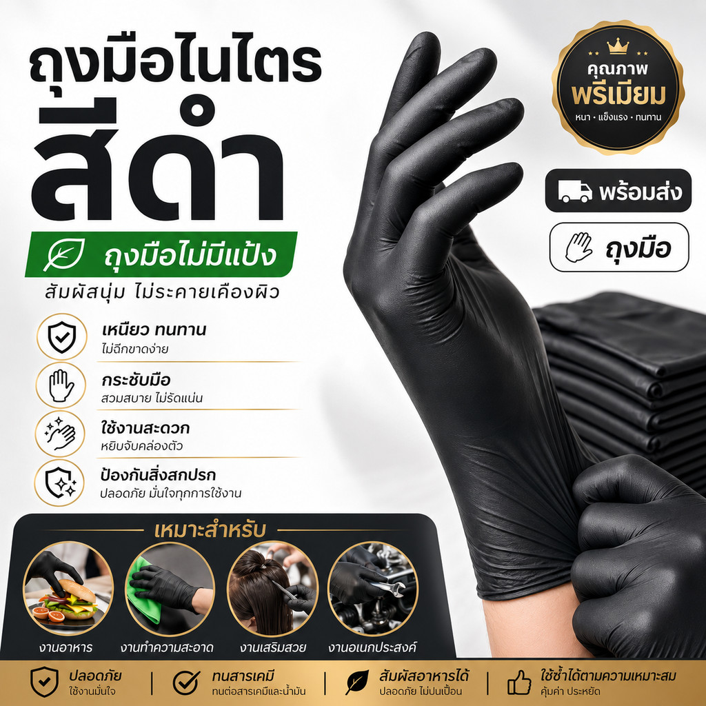 (100PCS)ถุงมือยาง ไม่มีแป้ง ถุงมือ หนาพิเศษ ถุงมือยางไนไตร แท้100%  S/M/L/XL ไม่มีแป้ง ถุงมือทำอาหาร