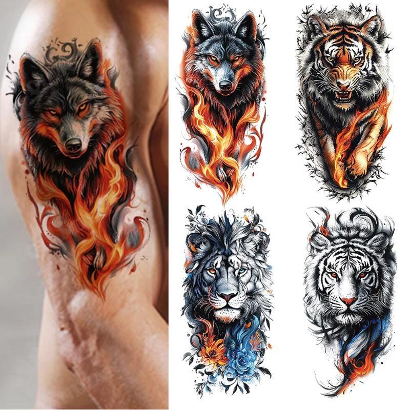 2026 ใหม่กันน้ําชั่วคราว Tattoo สติกเกอร์ Fire Forest Lion Wolf Tiger แฟลชรอยสัก Man Crown Body Arm ปลอม Tattoo