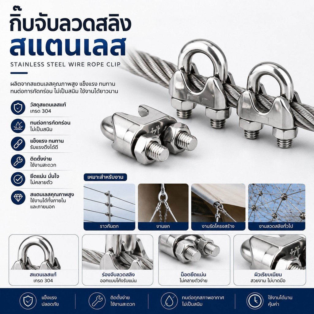 กิ๊บจับลวดสลิง กิ๊บล็อคสลิง แคมป์ล็อคสลิง สแตนเลส ขนาด M3/M5/M6/M8/M10/M12 พร้อมส่ง #AQ-0031