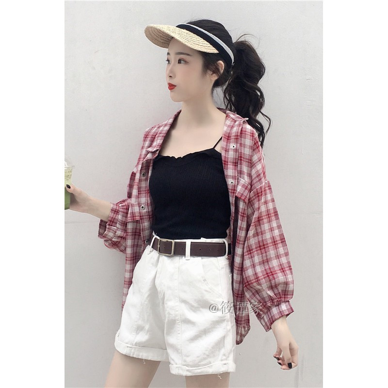 【ks0977.th】 黑白格子防晒衬衫夏季女韩版东大门宽松蝙蝠灯笼袖上 【0805en56Qe8HZ】