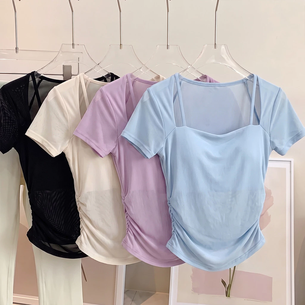【MAGGIEYOGA】เสื้อครอปท็อปแขนสั้น ผ้าตาข่าย ระบายอากาศได้ดี เหมาะกับการวิ่งเต้นรํา