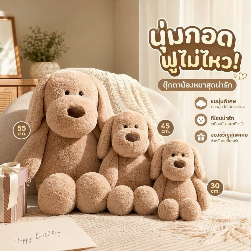 ตุ๊กตาหมา ตุ๊กตาสุนัข ตุ๊กตาเด็ก ผ้าเนื้อนุ่ม ไส้ PP คอตตอน ของขวัญ วันเกิด ตกแต่งห้อง ตุ๊กตาขนนุ่ม
